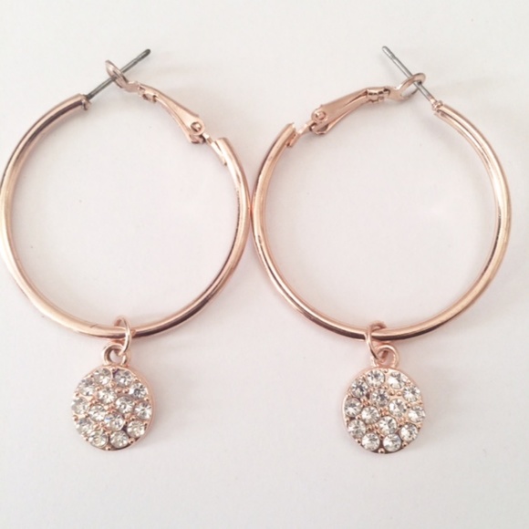 Rose Gold Tone Teardrop Rhinestone Hoop Earrings - Picture 4 of 6